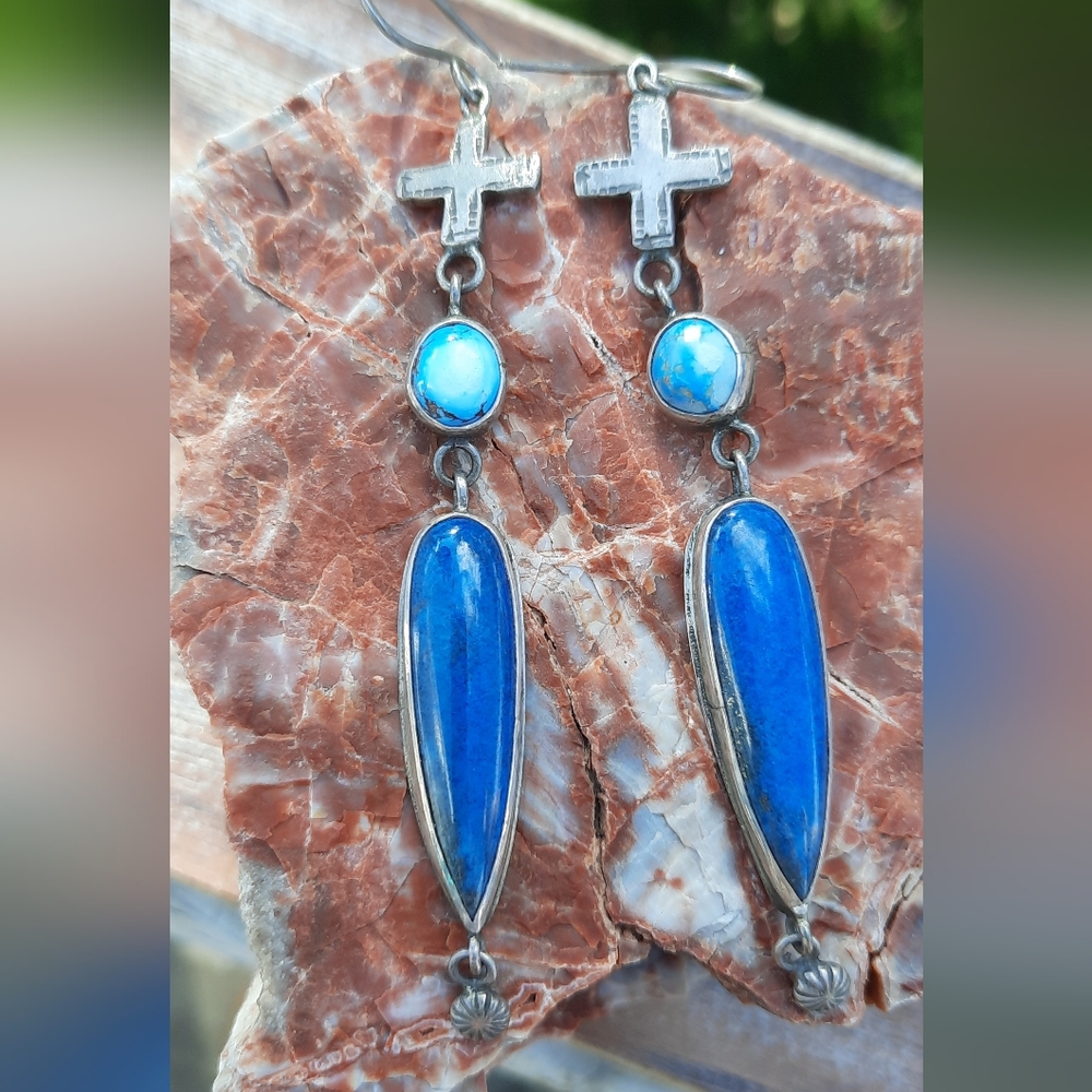 Blue and Silver Cross Dangle Earrings